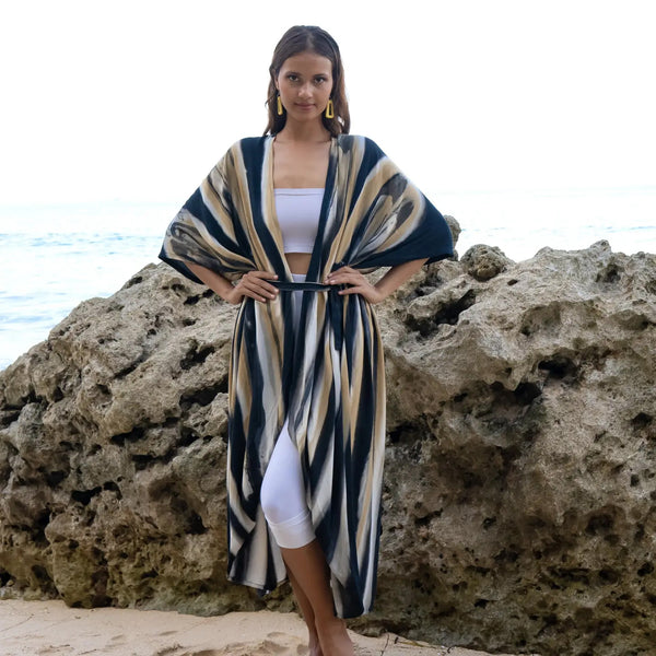 Kimono Bold Abstract Tie Dye Long - grey & gold