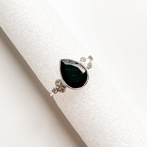 Ring black onyx drop & cubic zirconia sterling silver