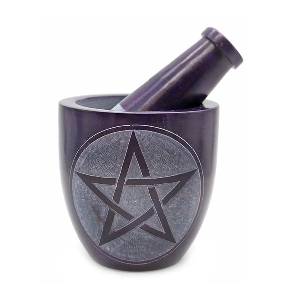 Soapstone mortar & pestle - purple pentacle