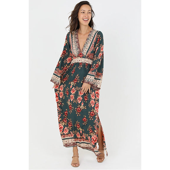 V Neck Wide Sleeves Printed Maxi Dress