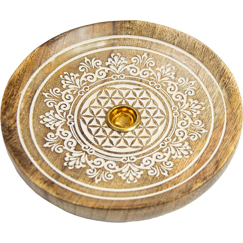 Wood cone incense holder round engraved flowers