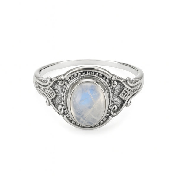 Ring moonstone ornate band sterling silver