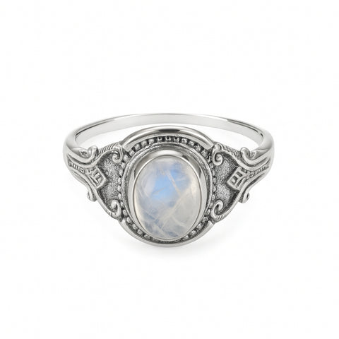 Ring moonstone ornate band sterling silver