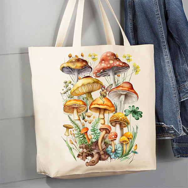 Canvas Tote Bag Vintage Mushrooms Botanicals Fairy 12 oz