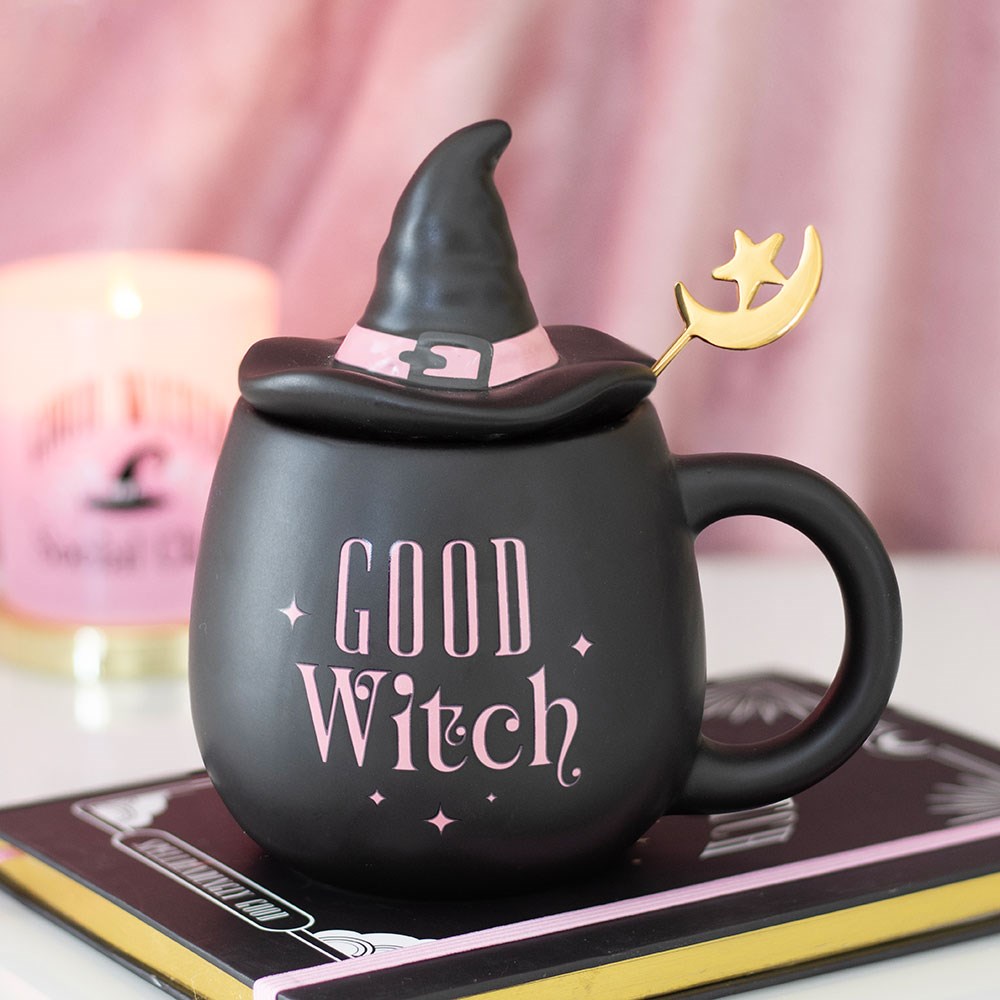 Pink Good Witch Lidded Ceramic Mug with Metal Moon Spoon