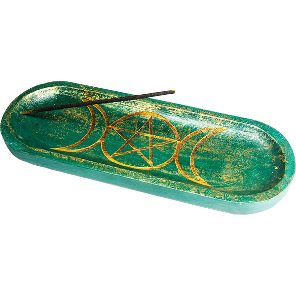 Wood Incense Holder - Oval Teal Pentacle