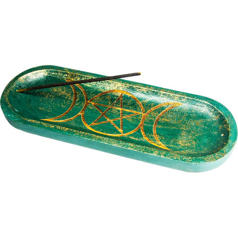 Wood Incense Holder - Oval Teal Pentacle