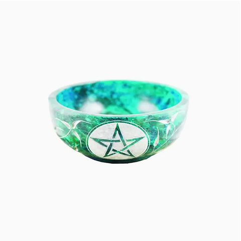 Hand Carved Soapstone Bowl - Turquoise Pentacle