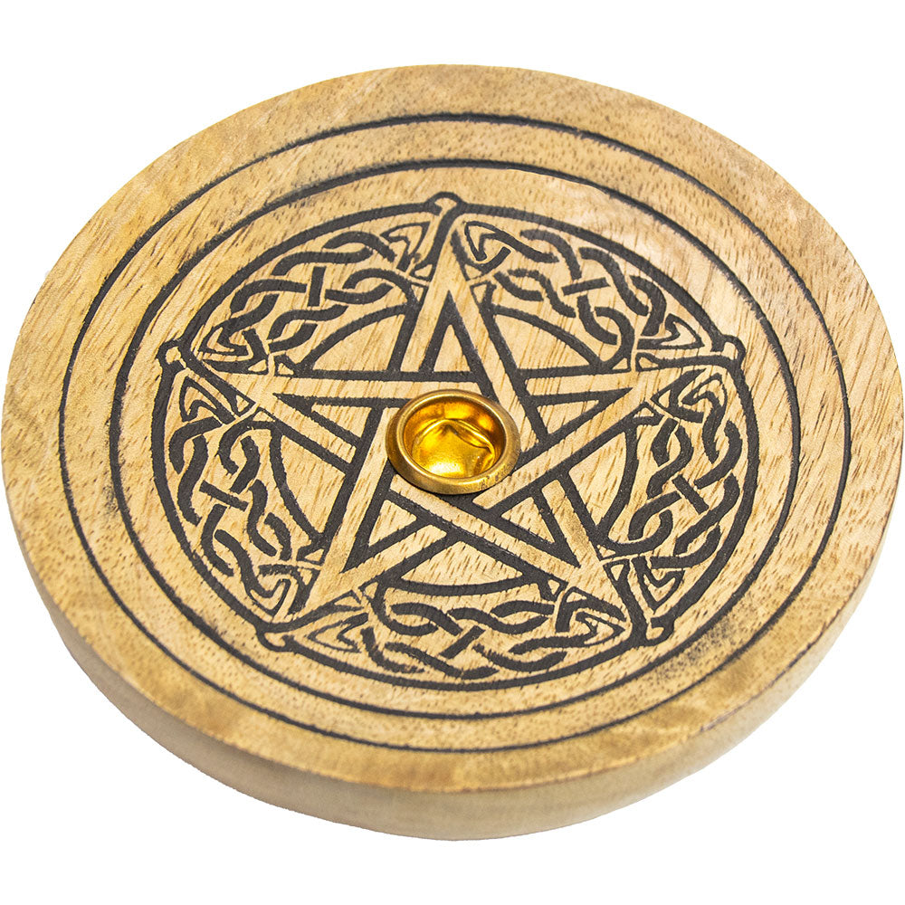 Wood cone incense holder round engraved pentacle