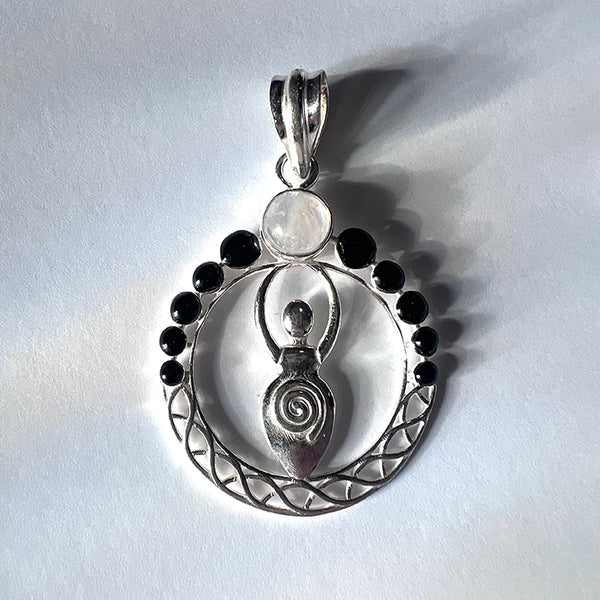 Pendant Moon Goddess Rainbow Moonstone/Obsidian sterling silver