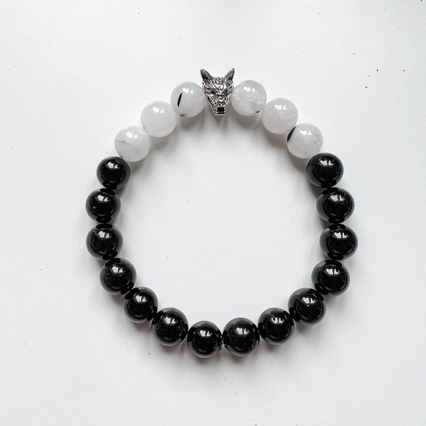 Bracelet XLARGE 10mm Tourmalinated Quartz & Black Tourmaline with wolf bead