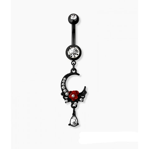 Belly Ring Moon with Rose Dangle 316L Surgical Steel