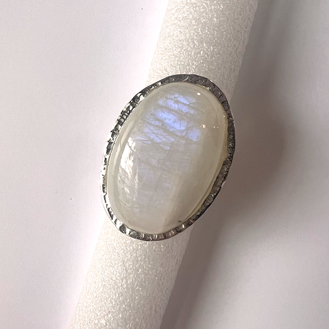 Ring moonstone large oval hammered band sterling silver