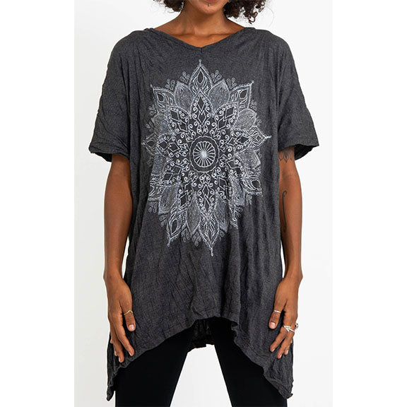 Sure Design Women's Lotus Mandala Loose V Neck T-Shirt Charcoal (One Size)