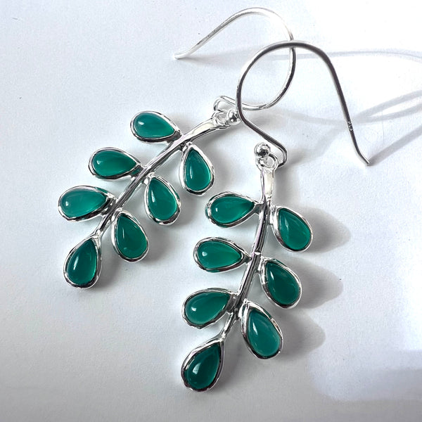 Earring green aventurine leaves sterling silver