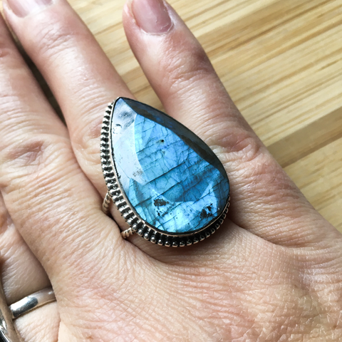 Ring labradorite large tear drop sterling silver