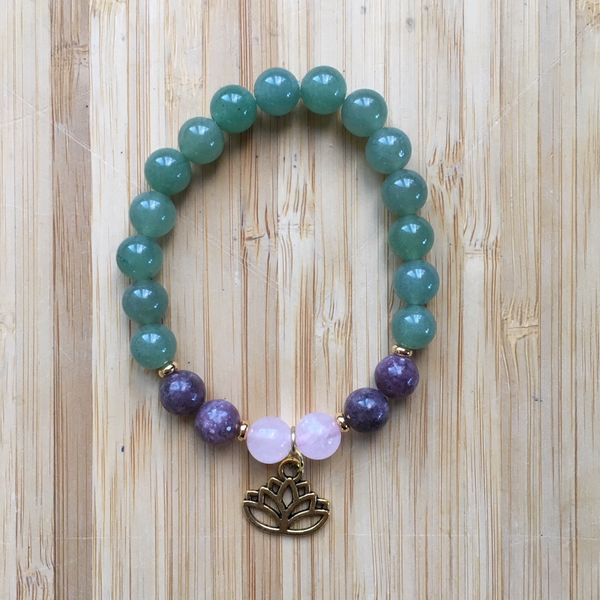 Bracelet aventurine, lépidolite, quartz rose & lotus en laiton