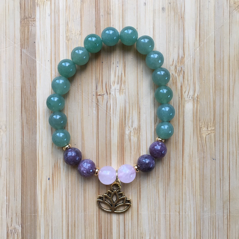 Bracelet aventurine, lépidolite, quartz rose & lotus en laiton