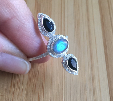 Bague onyx & labradorite argent massif