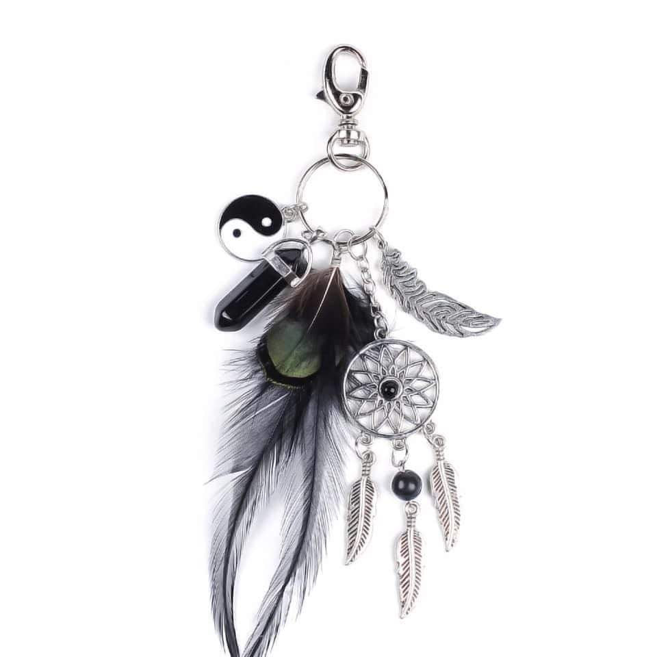 Key Chain /purse clip feather, dream catcher, onyx point