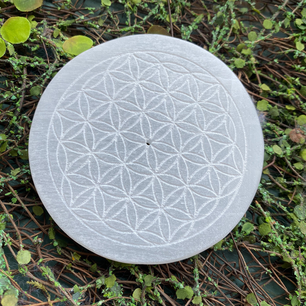 Selenite incense holder etched Flower of Life