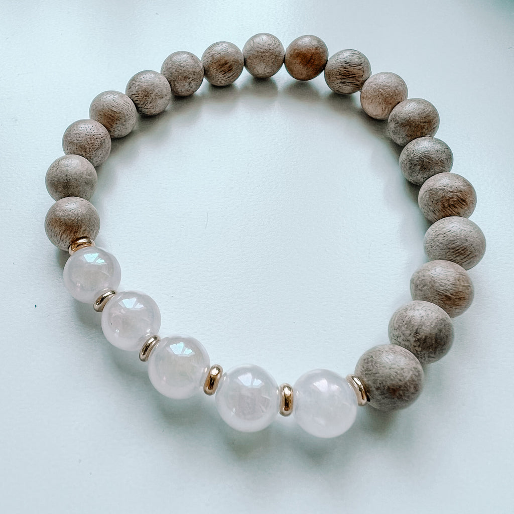 Bracelet 8mm angel aura rose quartz with silkwood beads