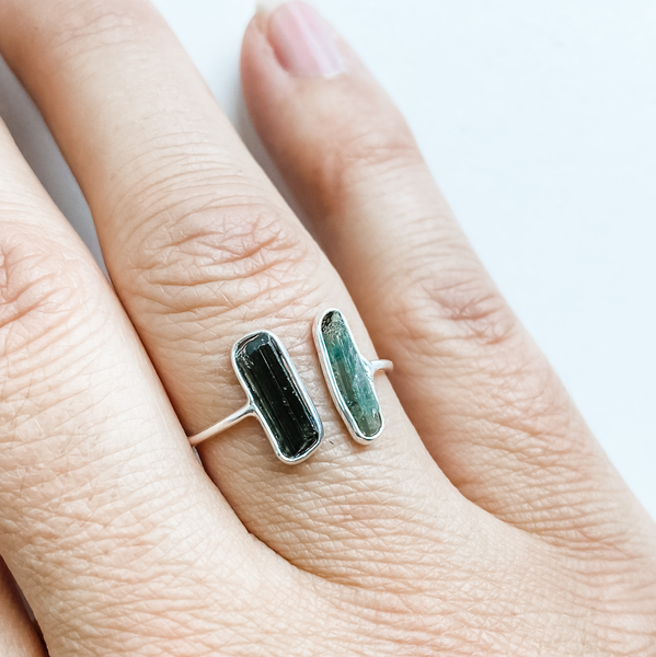 Ring green tourmaline raw double open band sterling silver